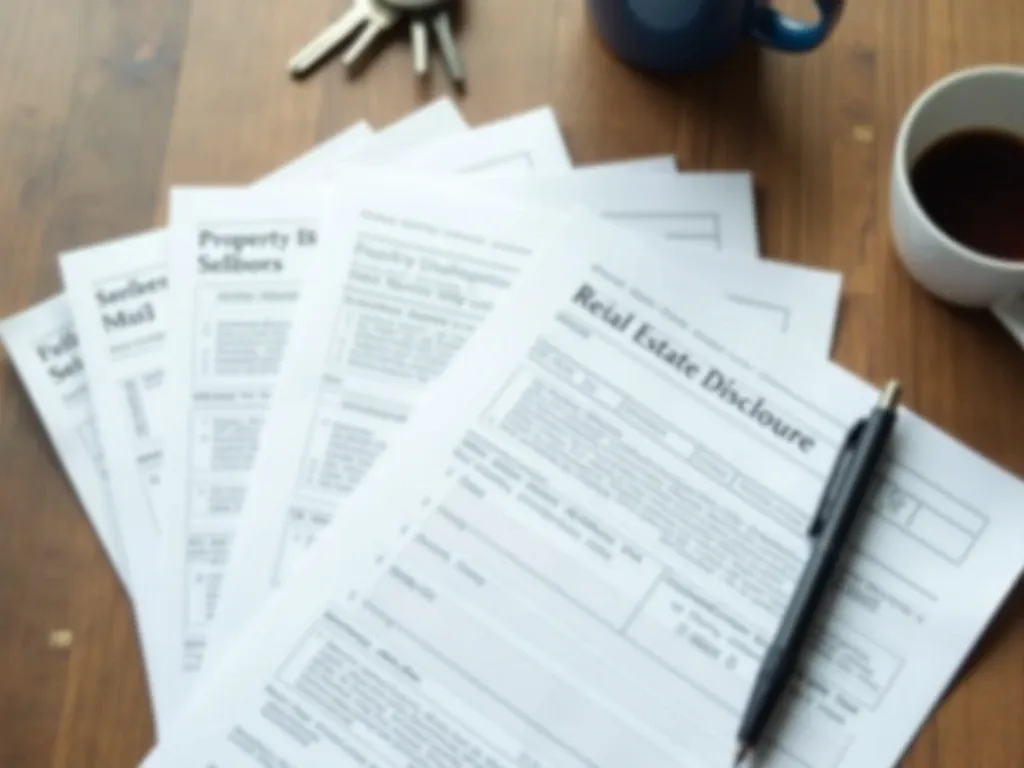 An overhead view of a stapled multi-page real-estate seller property disclosure form on a kitchen counter, with checkbox lines and a few handwritten marks, a black ballpoint pen resting on the page, and house keys and a coffee mug beside it.