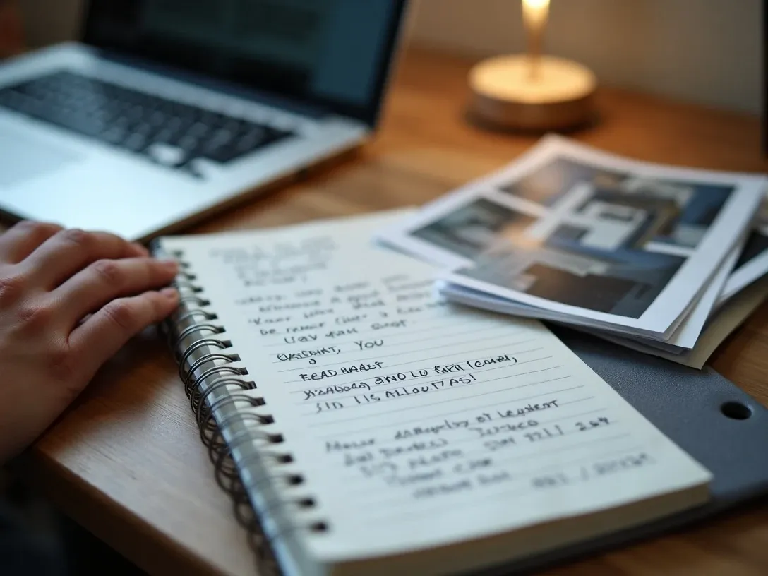 A spiral notebook with handwritten dated notes beside a small stack of printed photographs of mold on a desk next to a laptop, organized documentation of a tenant complaint.