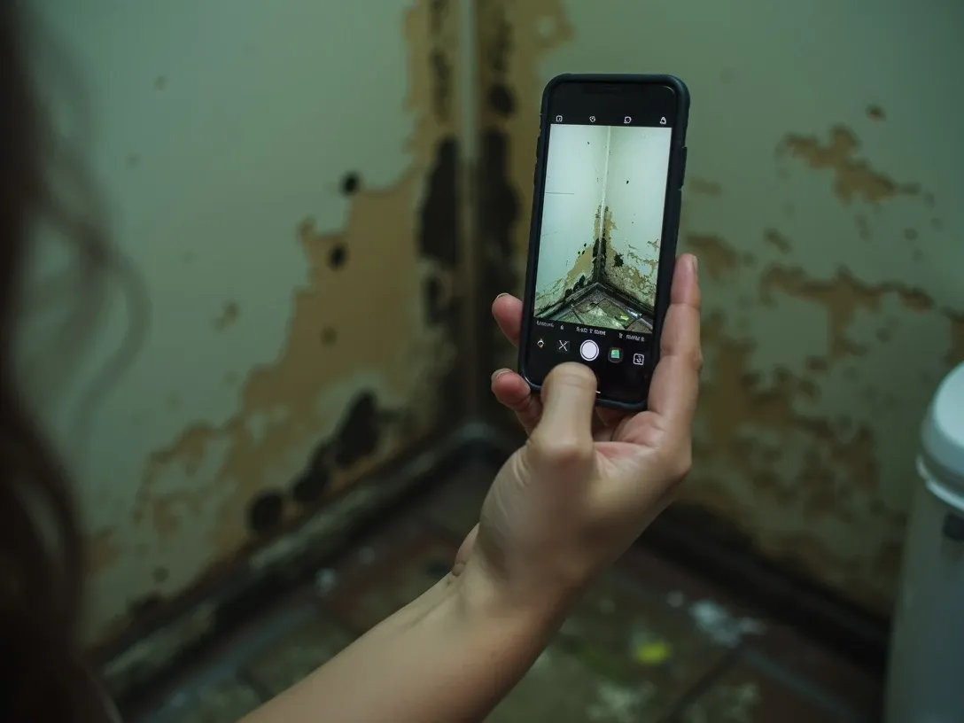 Close-up of a hand holding a smartphone photographing black and green mold growth in the corner of a rental apartment wall where it meets the ceiling, with peeling paint and water staining.