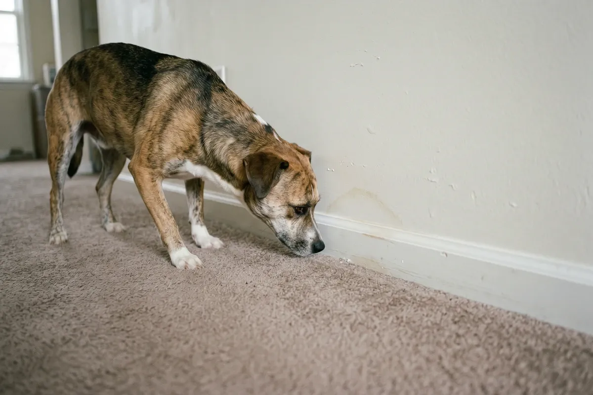 A dog sniffing the floor near a wall with a very faint pale stain at baseboard level, indoor afternoon light, calm quiet scene.