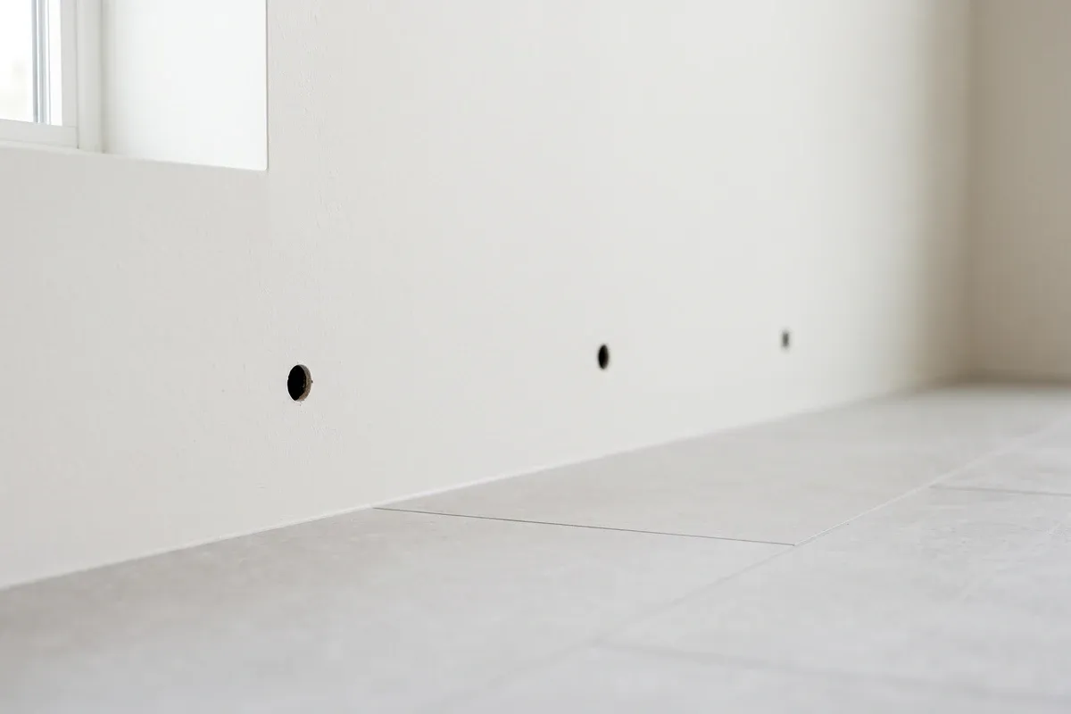 Three small drilled holes spaced widely apart along the bottom of a painted drywall wall, a couple of inches above the tile floor