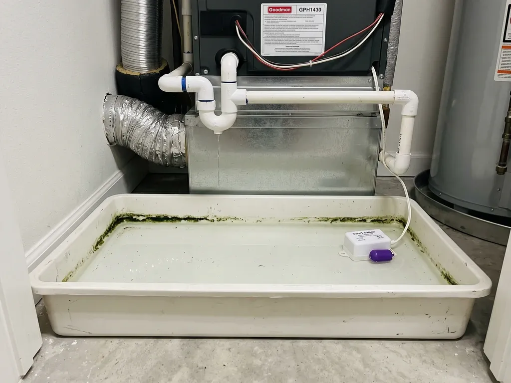 Standing water pooled in a white plastic HVAC condensate drain pan inside an air handler unit, green algae growth visible along the pan edges, small float switch sitting in the water