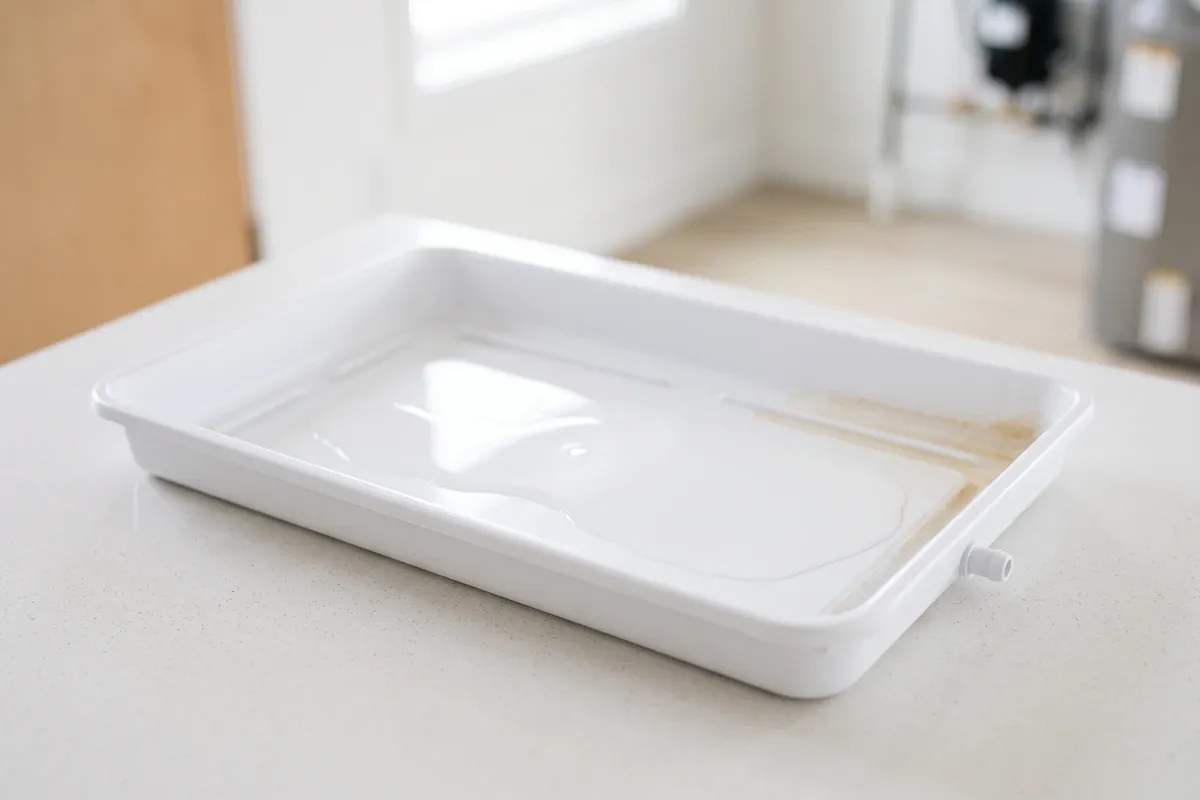 A white plastic condensate drain pan photographed on a countertop with a thin film of clear water in the bottom and a light brown stain along one edge