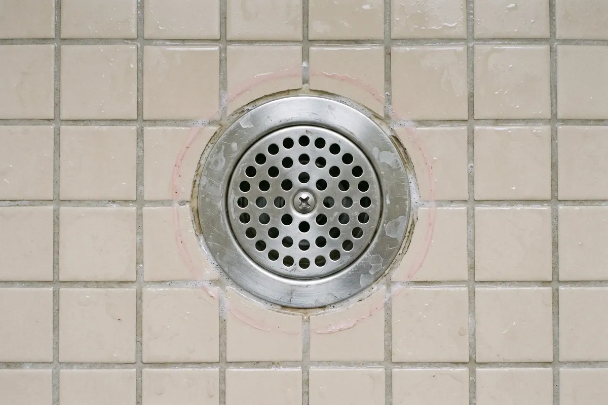 A stainless shower drain set in beige tile, viewed from above, with a light pink ring on the tile and grout immediately around the drain flange.