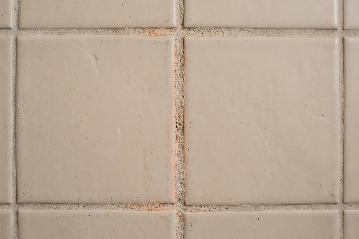 Close-up of beige shower wall tiles where the grout line between them is stained a faint dusty pink-orange, matte and dry with no wet sheen.
