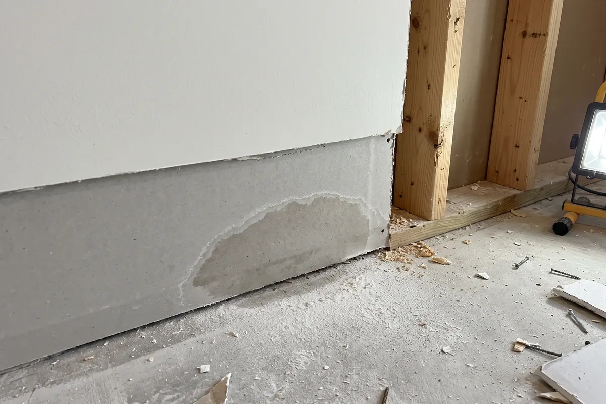 Cut edge of drywall showing a small damp patch and light discoloration on the paper facing