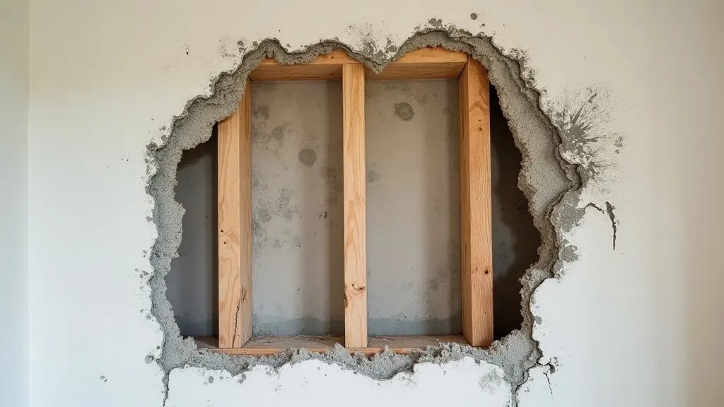 Drywall cut open showing mold colonies on the paper facing and wood framing studs in the wall cavity, dark discoloration throughout interior framing material