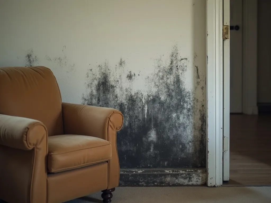 Dark black mold spreading low across a painted drywall wall behind furniture in a home.