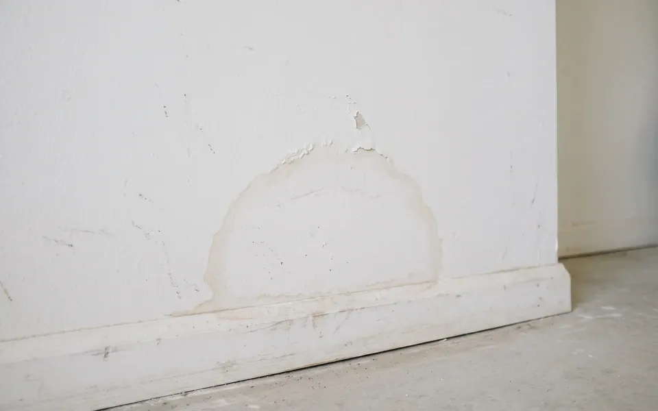 Faint brownish water stain ring near the baseboard of a white drywall wall in a Phoenix home utility room, slight paint bubbling at the stain edge, ordinary room lighting — an early warning sign of a moisture source.