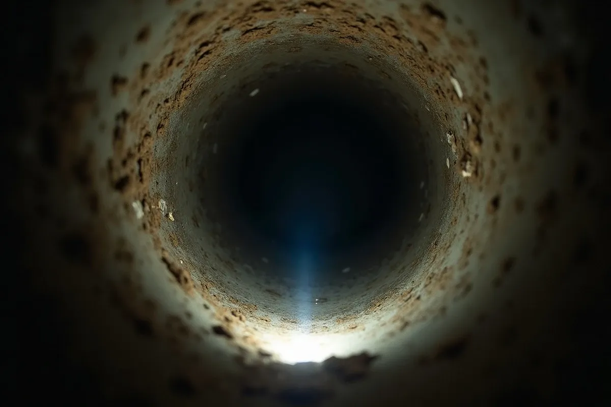 View looking into a dark residential HVAC duct showing mold and dust accumulation on sheet metal walls, flashlight illuminating the interior