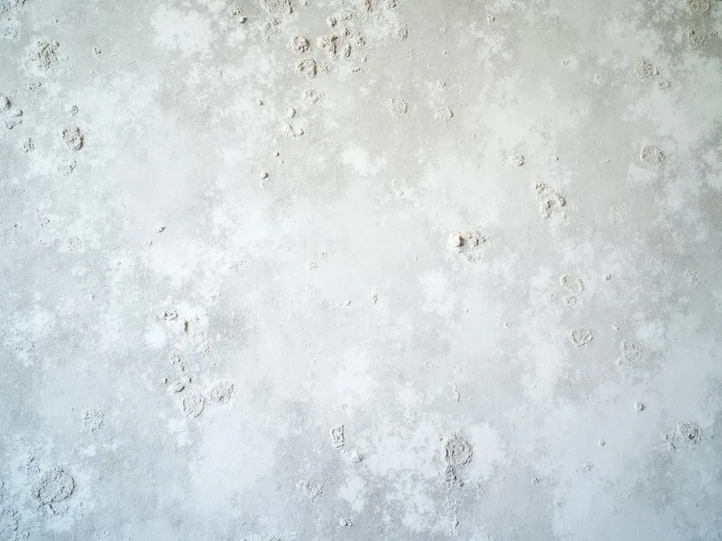White chalky efflorescence mineral salt deposits on a gray concrete block wall, dry and powdery.