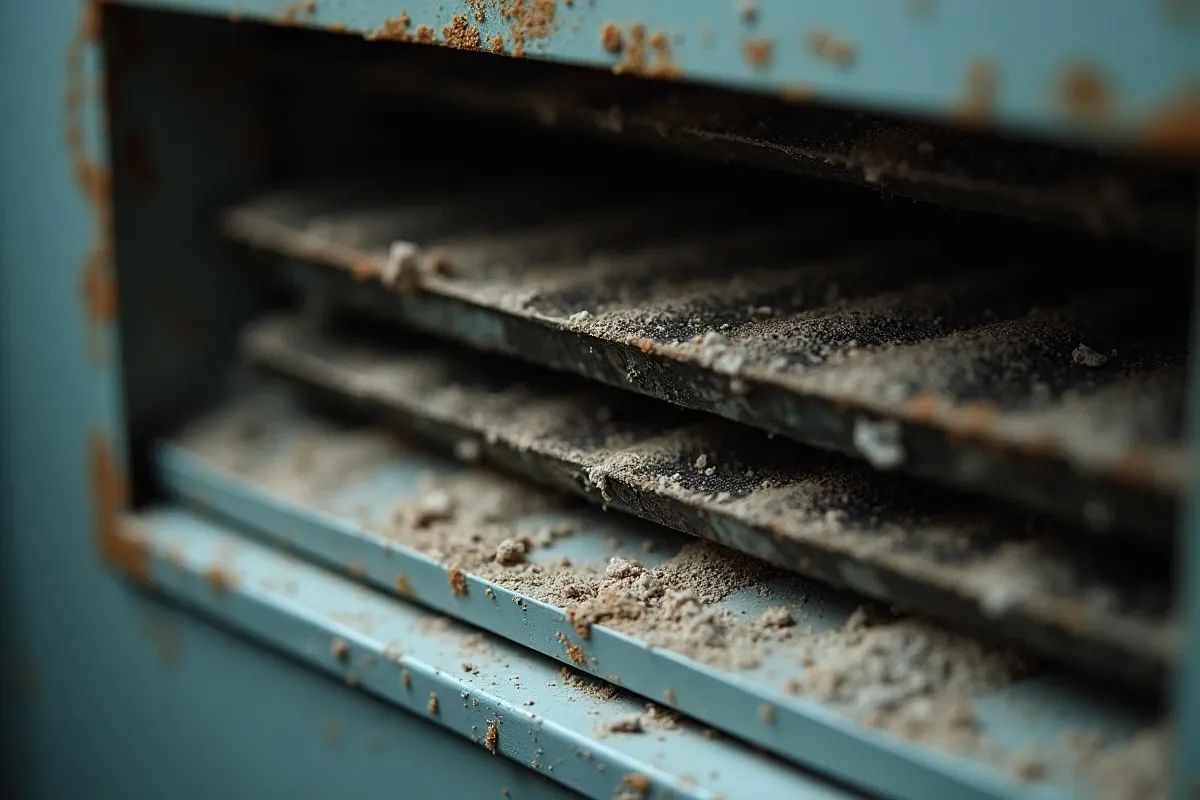 Dirty residential evaporator coil inside an open air handler unit, dusty grey aluminum fins with dark mold discoloration on the coil surface, indoor HVAC cabinet with panel removed