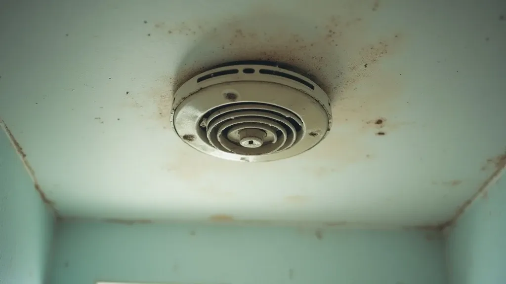 Bathroom exhaust fan mounted in ceiling with dust-clogged grille, looking up at a residential bathroom ceiling