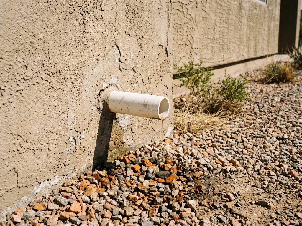 White PVC condensate drain line pipe end exiting through a stucco exterior wall at ground level on a Phoenix home, desert gravel landscaping below, harsh sunlight and wall shadows