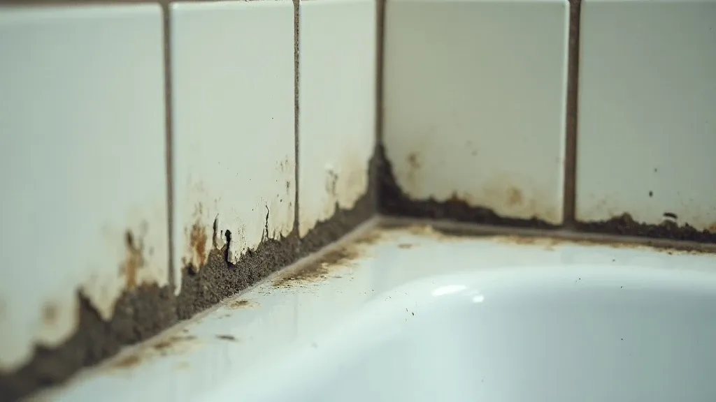 Peeling and cracked caulk at the junction of a bathtub and tile wall, dark mold visible in the gap, close-up bathroom view