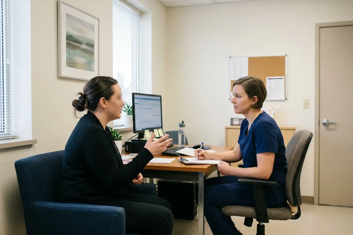 Patient in a medical consultation with a doctor, calm clinic setting, honest documentary photo of a medical discussion.