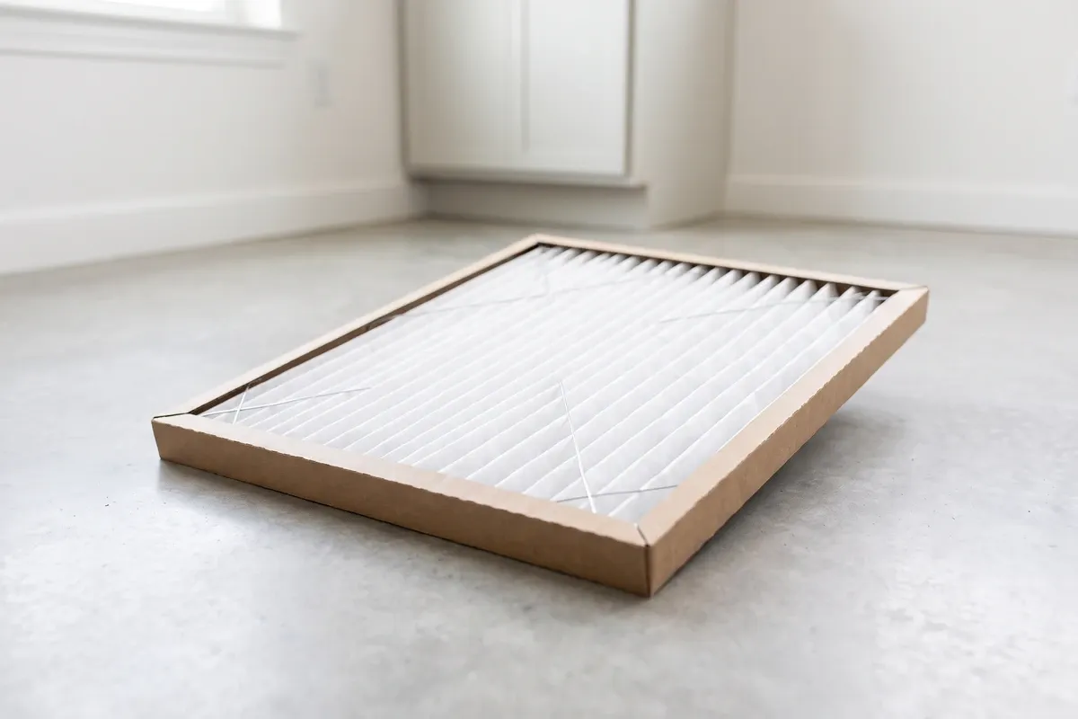 A new white pleated synthetic air filter in a cardboard frame resting on a concrete floor, its media clean and undamaged
