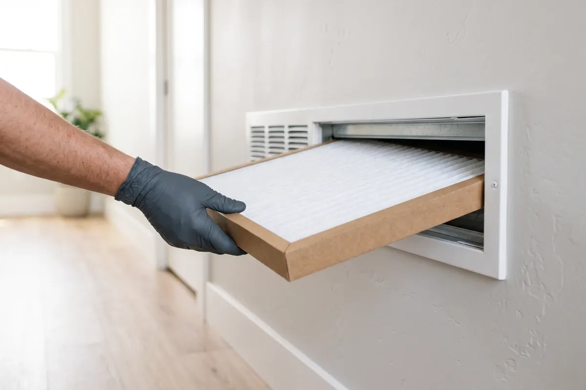 A gloved hand sliding a new white pleated air filter in a cardboard frame into a wall return grille