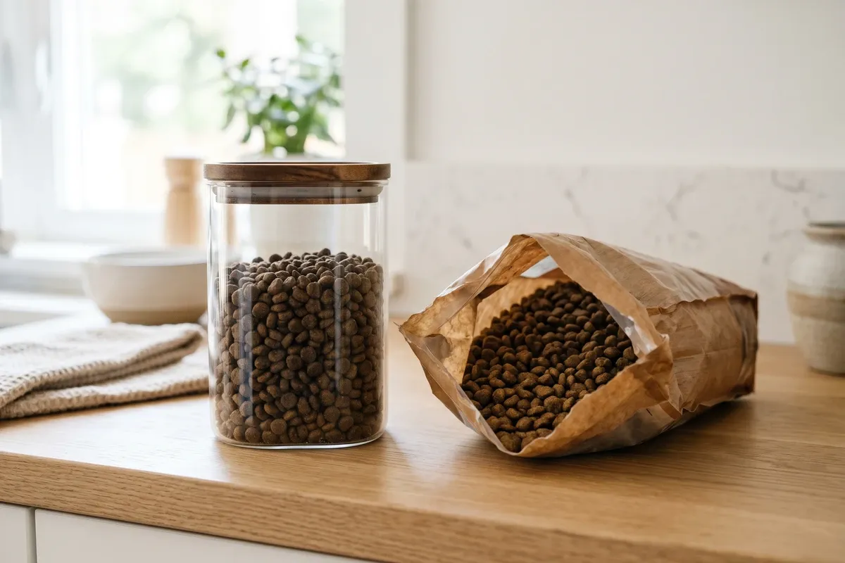 A sealed airtight food storage container next to an open partially-used bag of dry pet kibble on a kitchen counter, soft daylight, no labels visible.