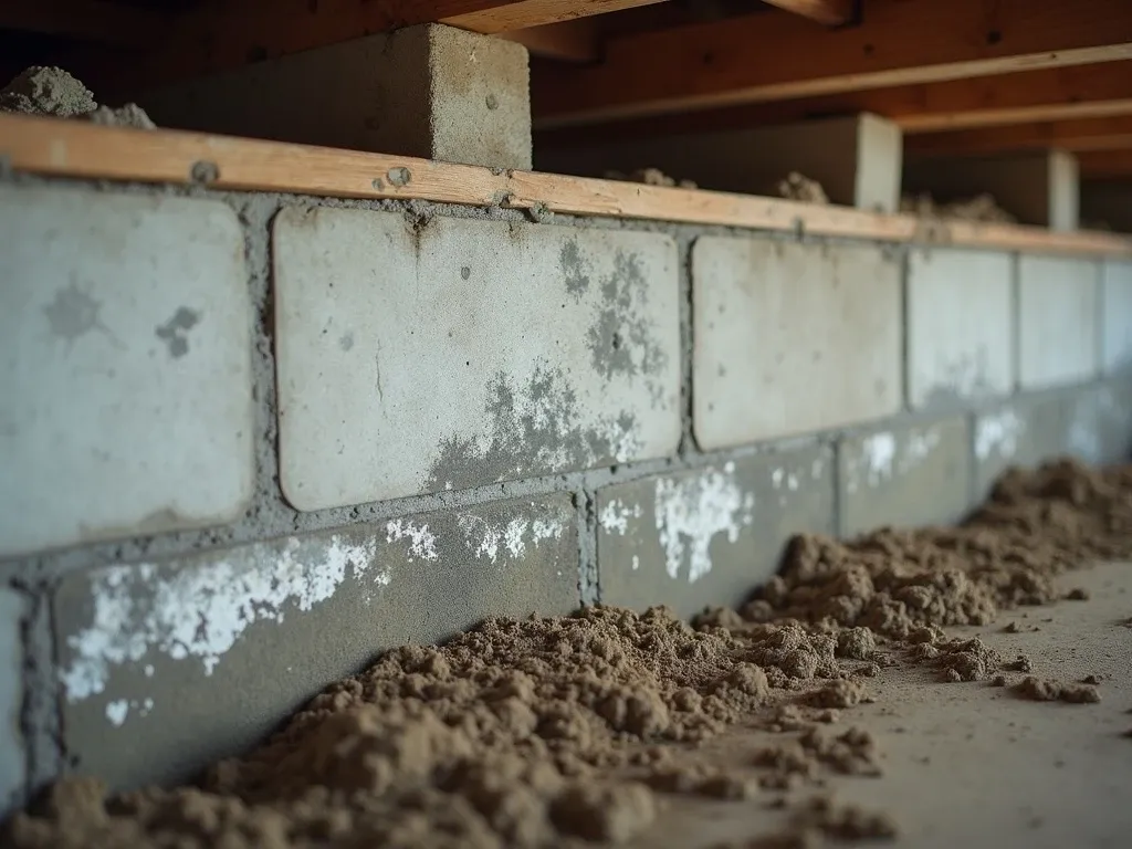 White and dark mold growth on a concrete block foundation wall at the base where the wall meets the dirt floor, moisture staining and efflorescence visible on the blocks, wooden floor joists above.