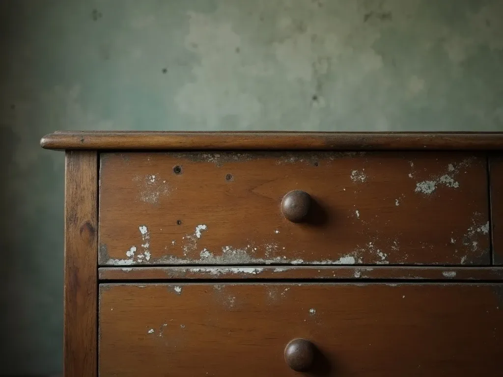White mold spots on the back of a wooden dresser and the wall behind it in a humid room.