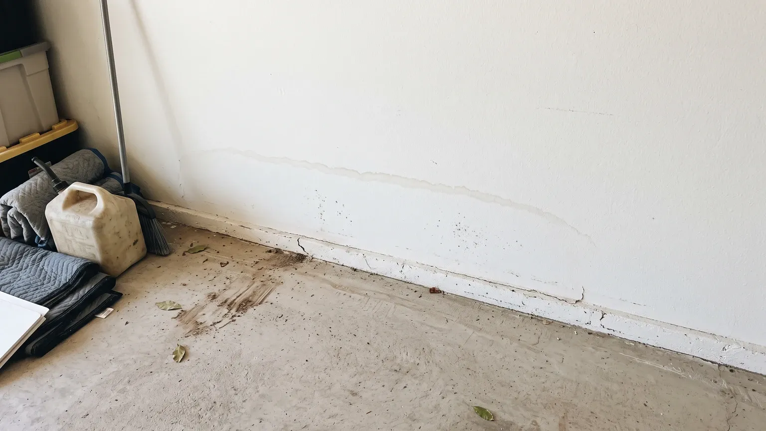 Lower edge of garage drywall with an old dried water stain line and a few faint small specks, daylight coming through an open garage door