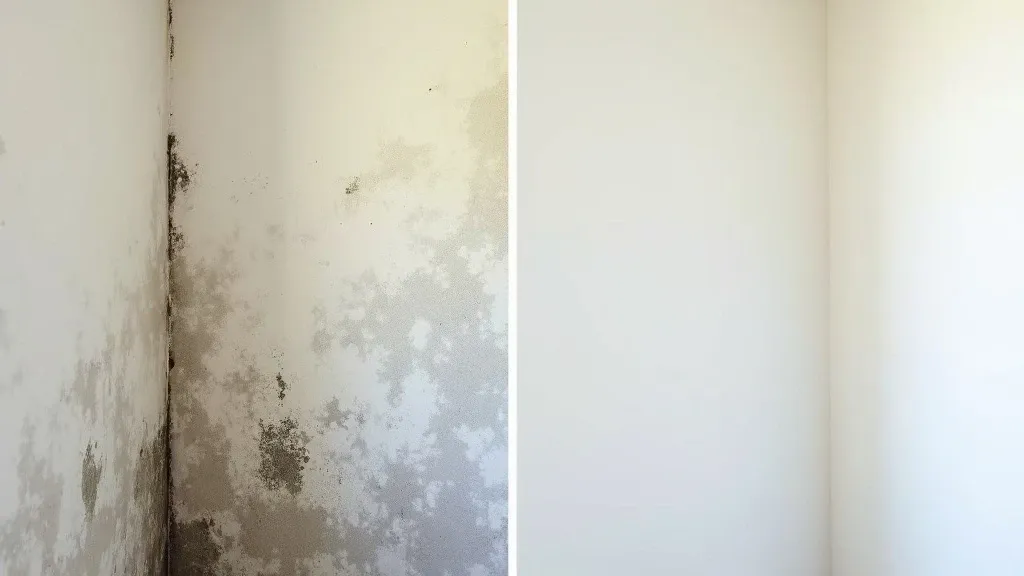 A real Gilbert mold removal job shown before and after — mold-damaged surface on the left, cleaned and repaired on the right.