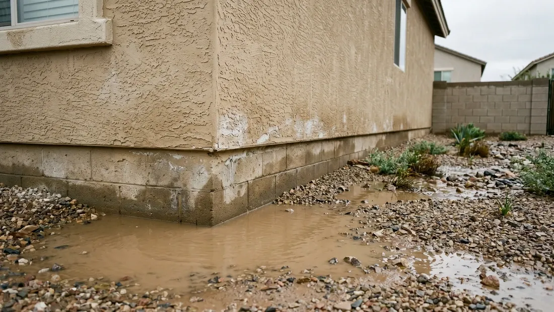 Shallow muddy brown water pooling against a Phoenix stucco home's foundation and concrete block wall, desert gravel landscaping partially submerged, overcast monsoon sky, no people