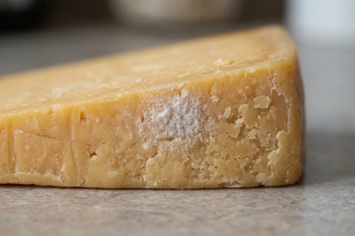 Macro close-up of white mold bloom on the surface of a wedge of hard cheddar cheese, DSLR 100mm macro, natural counter light showing texture clearly