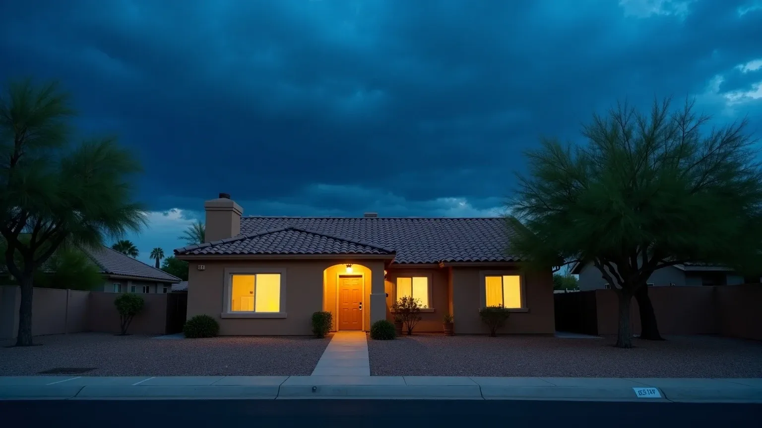 A Phoenix home at dusk under dark monsoon storm clouds — the summer storms that drive hidden mold in Valley homes.