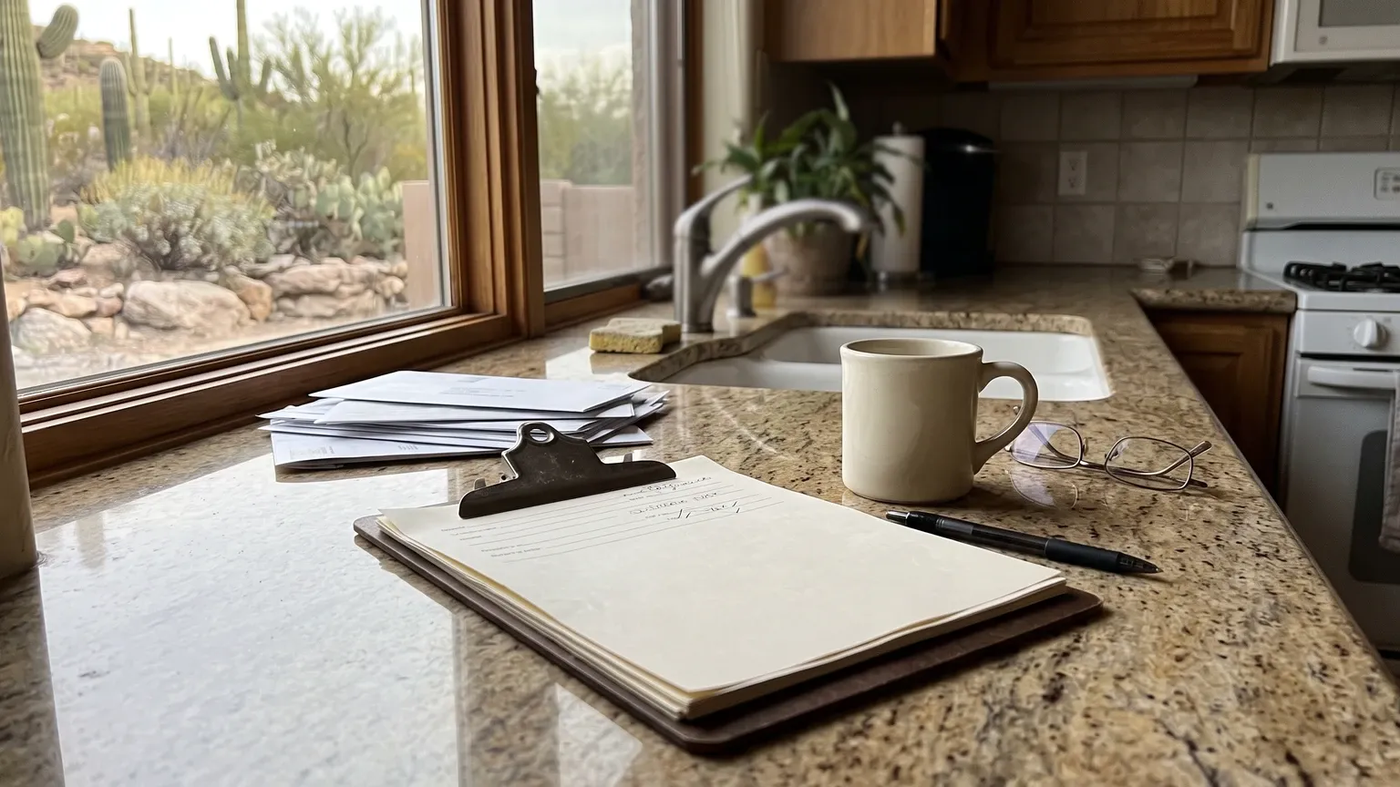 A clipboard with a stack of papers, a pen, reading glasses and a coffee mug on a granite kitchen counter beside a window onto desert landscaping