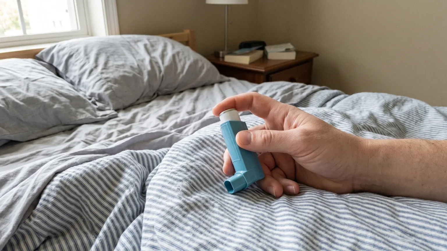 An adult's hand holding a light blue rescue inhaler on the edge of an unmade bed in an ordinary sunlit bedroom, no face visible — illustrating everyday asthma management at home.