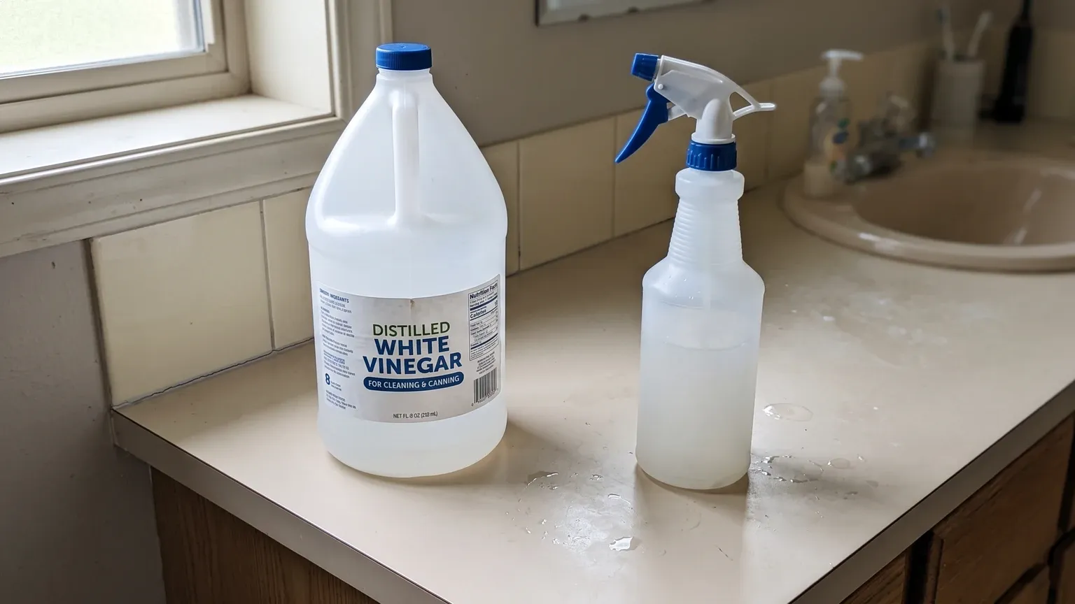 A jug of white vinegar and a spray bottle on a bathroom counter beside tile with a faint dark line along the grout