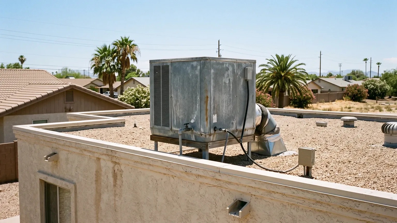 A dusty galvanized residential evaporative swamp cooler on the flat gravel roof of a single-story Phoenix stucco house under hard midday desert sun