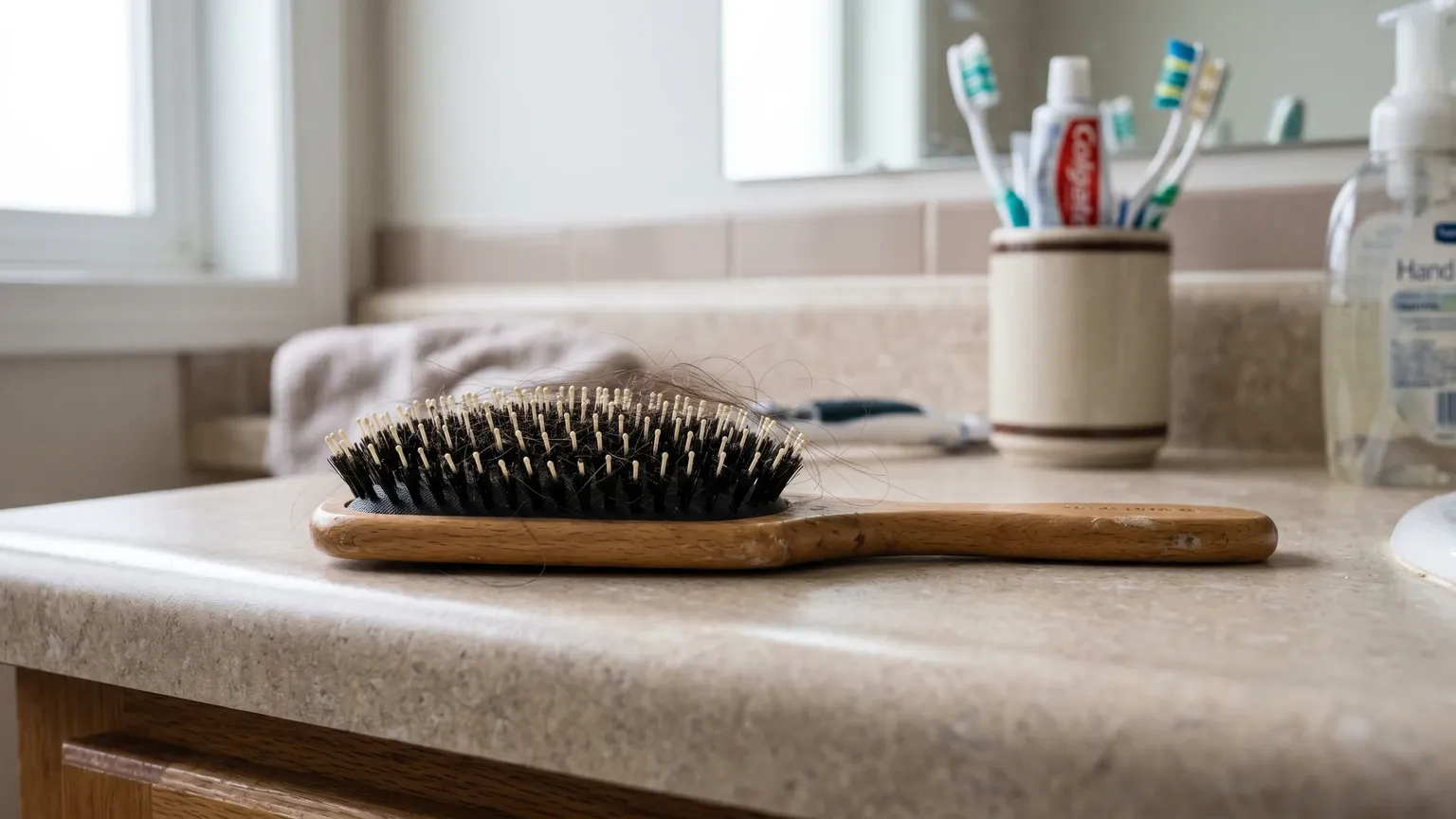 A hairbrush with a modest amount of shed hair resting on a bathroom counter in morning light — a common early sign of telogen effluvium.