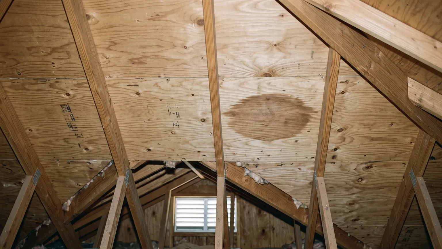 Faint flat darker brown discoloration on the underside of plywood roof sheathing in a dry attic, with daylight coming through a gable vent