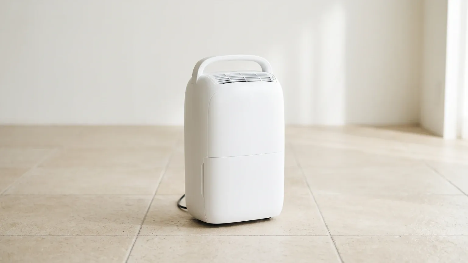 A portable dehumidifier standing alone on a tile floor in a plain, sunlit room