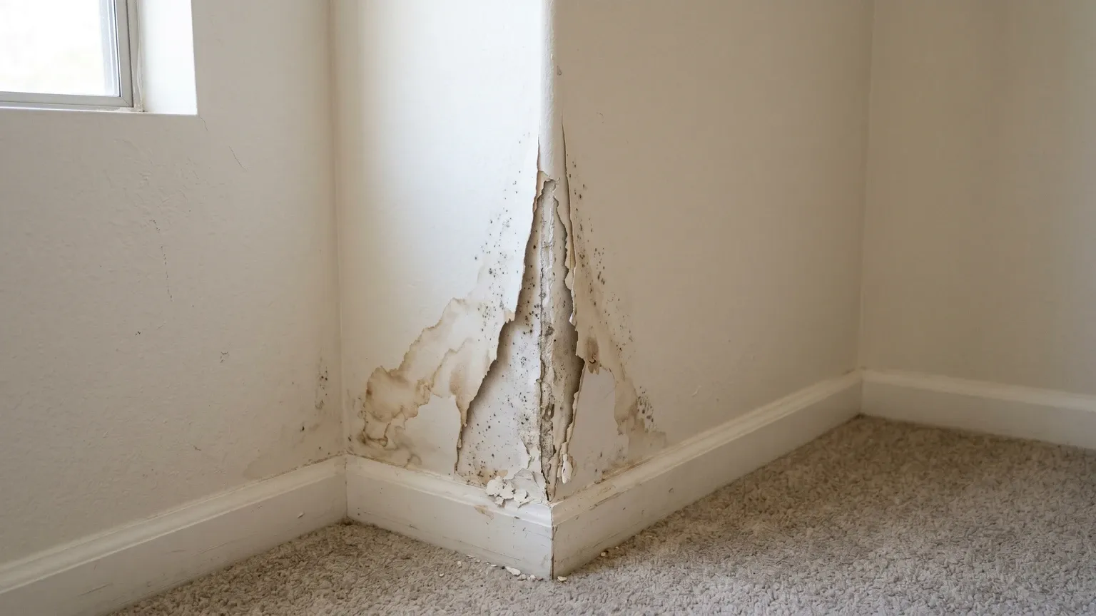 Moisture-damaged drywall corner in a Phoenix home with paper facing peeling back, showing brown staining and early mold growth near the baseboard in natural room light.