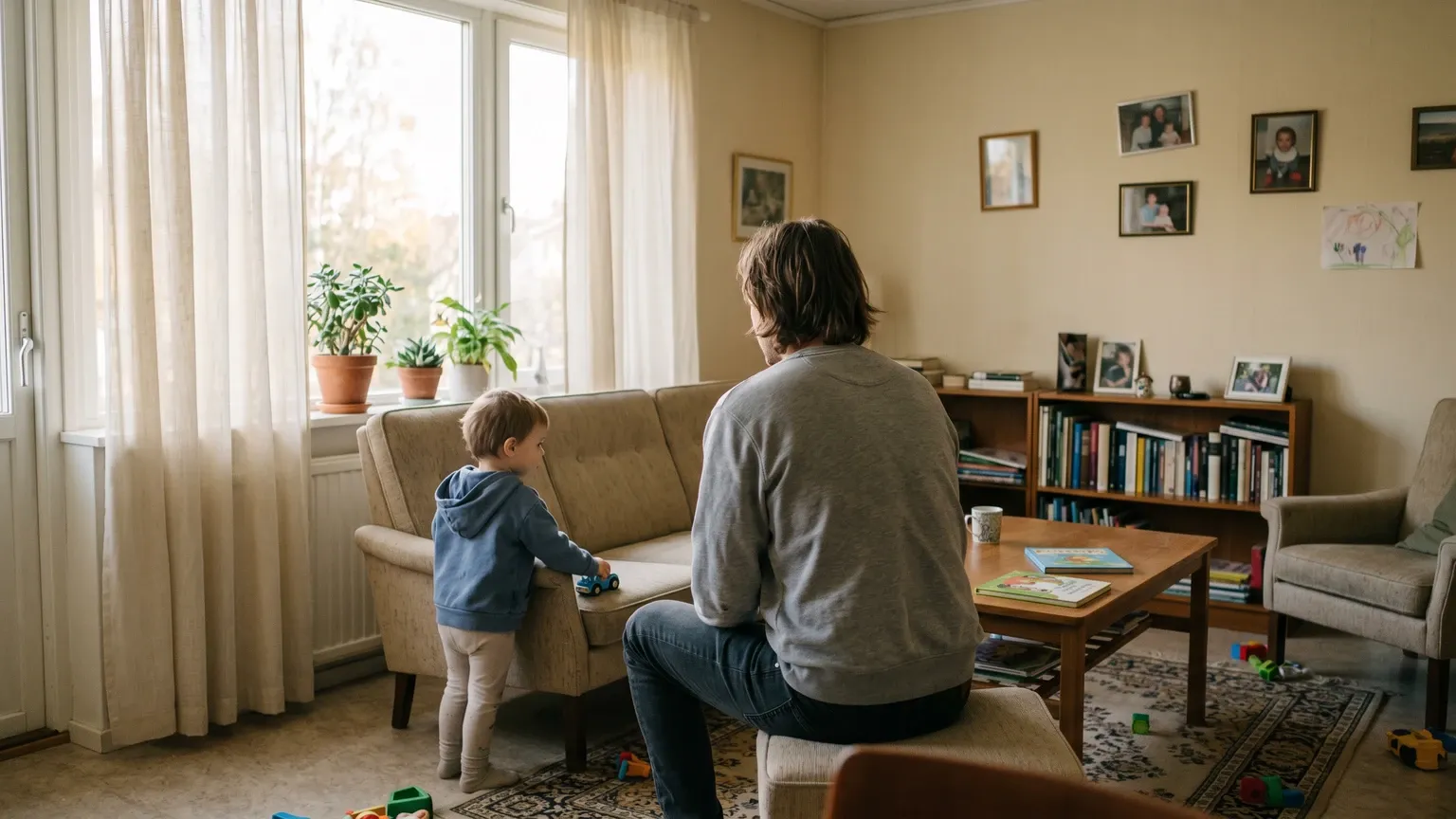 A parent and young child seen from behind in soft afternoon window light inside an ordinary home living room, quiet domestic interior, no faces visible.