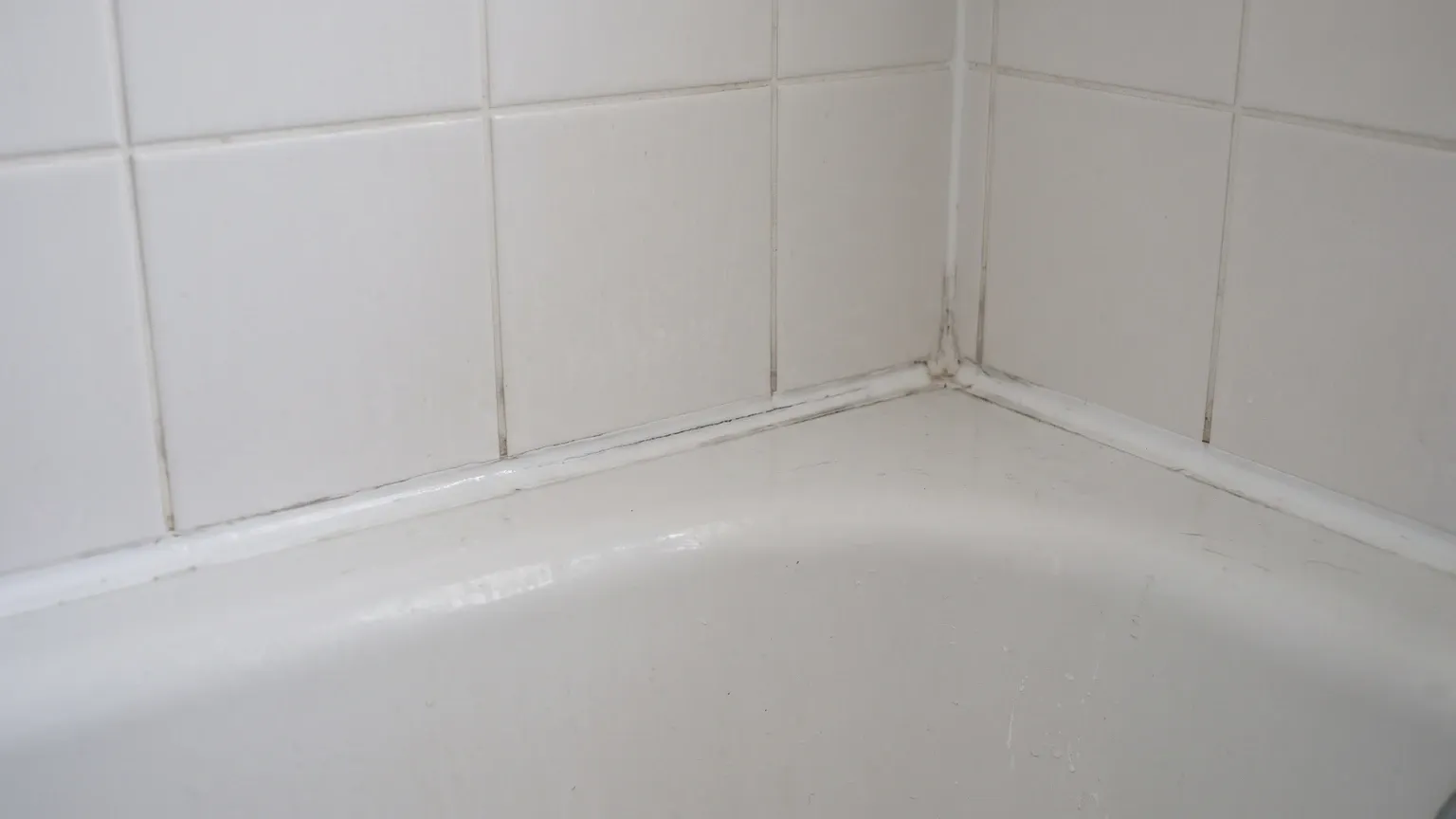 A thin dark line of mold along the silicone caulk bead where a white tiled shower wall meets the tub flange, with light staining in the lower grout lines