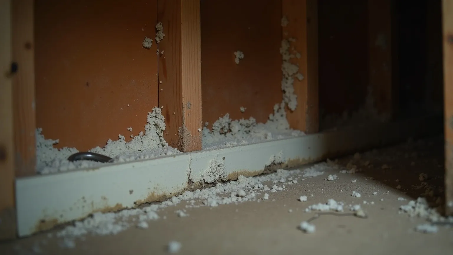 White, fuzzy mold growing on bare wood framing inside a dark, enclosed space.