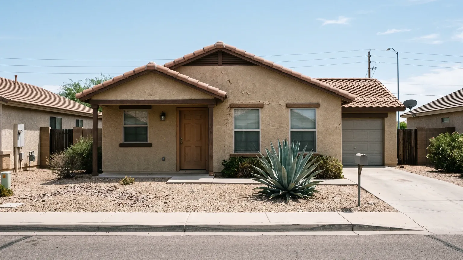 A single-story tan stucco tract home in a Phoenix suburb with a terracotta tile roof, desert gravel front yard, and a large agave, under a clear midday sky.
