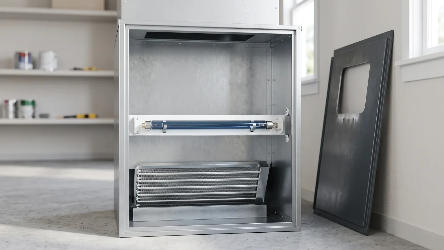 A slim UV-C lamp tube mounted inside the open cabinet of a residential air handler, with the lamp unlit and the access panel removed