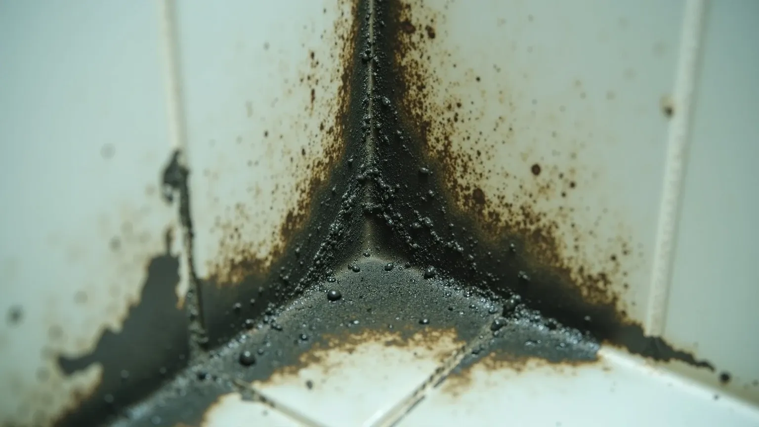 Dark black and green-black mold spreading across a bathroom wall corner and tile grout.