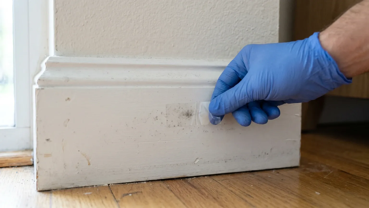 A gloved hand pressing a clear tape-lift strip against a small dark mold spot on a baseboard to collect a surface sample in a Phoenix home