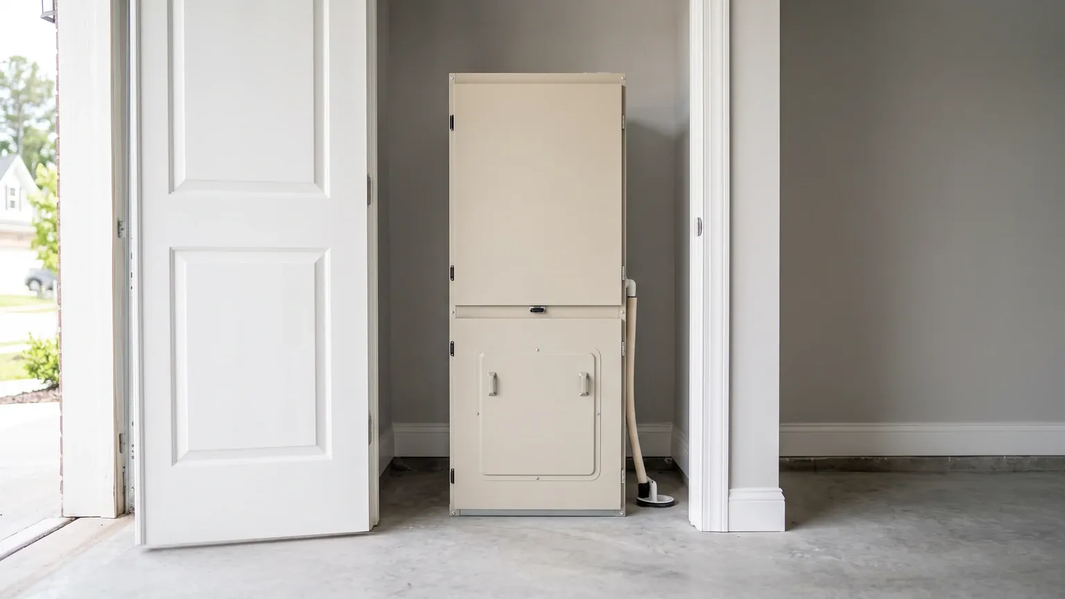 A closed beige indoor air handler cabinet standing in a utility closet beside an open white door, with a drain line running down to the concrete floor