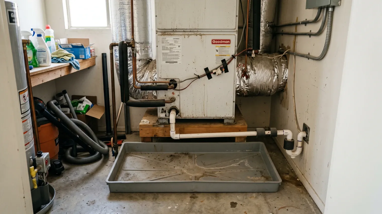 Indoor AC air handler unit in a residential utility closet showing the white PVC condensate drain line and plastic drain pan below the unit