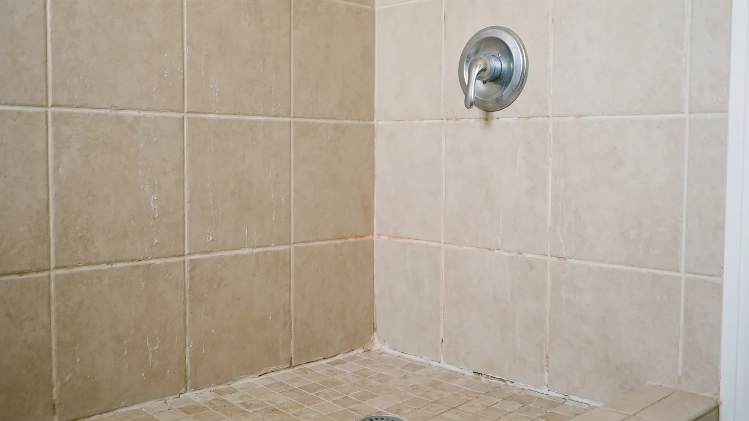 An ordinary beige tiled shower corner with a faint pale pink-orange tinge along the lowest grout line and a little dried soap residue on the tile.