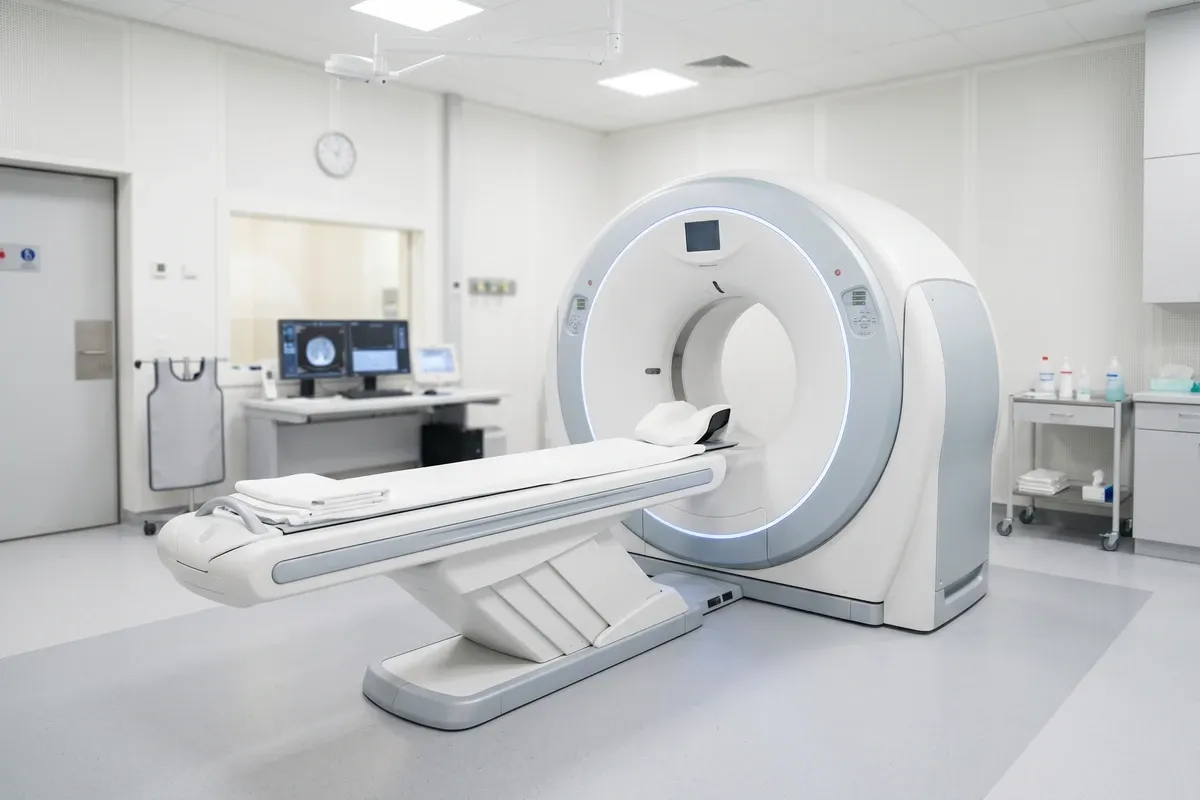 CT scanner in a hospital imaging suite used for HRCT chest scanning, the primary imaging tool for diagnosing hypersensitivity pneumonitis and other interstitial lung diseases.