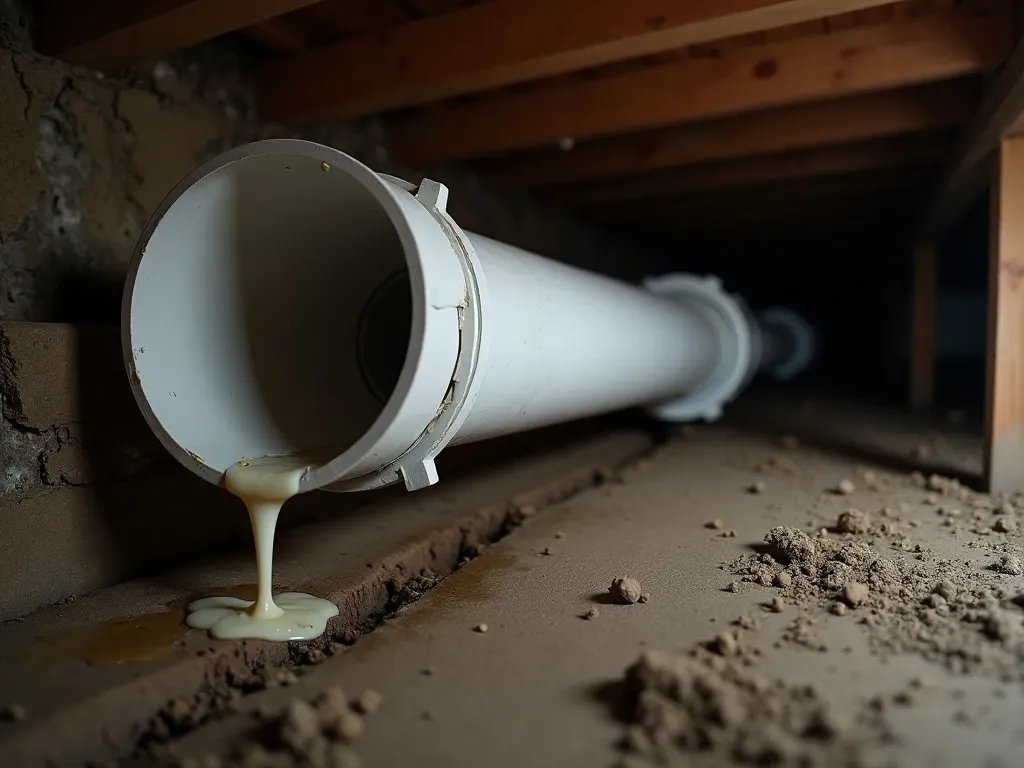 PVC condensate drain pipe from an HVAC unit visible running along a crawl space floor, water dripping from a cracked joint onto the dirt, moisture staining around the leak, dark wood beams above.
